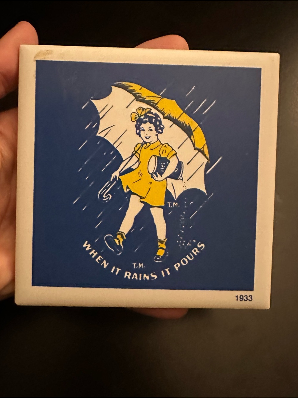 Vintage 1933 Morton Salt Ceramic Trivet Coaster - "When It Rains It Pours"
